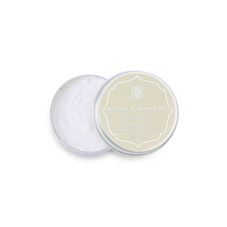 Top-down view of an open tin of Moroccan Bloom Royal Oud 100% natural and aluminum-free cream deodorant.